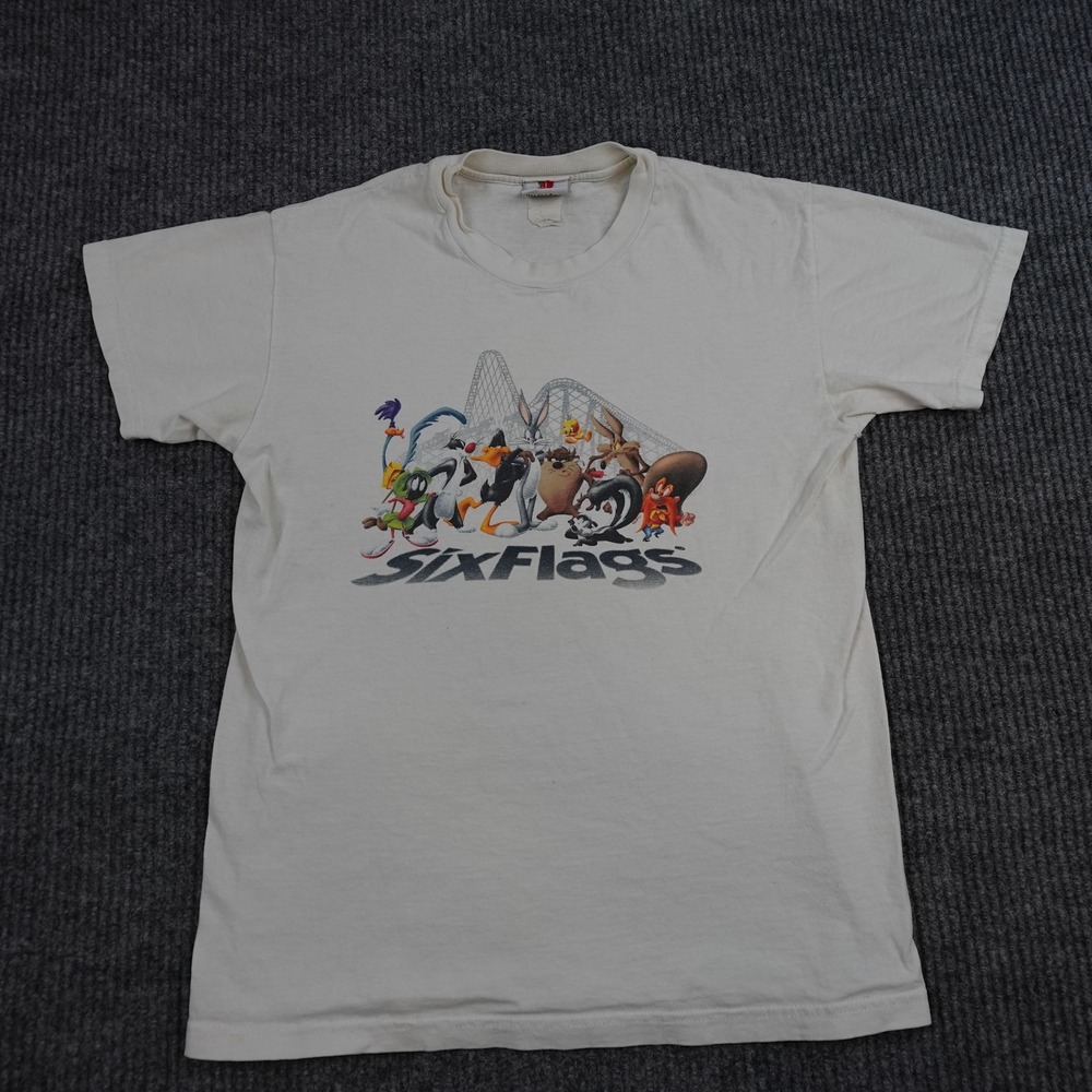 Vintage Six Flags Looney Tunes Shirt Youth Large White Roller Coaster Tee 1999